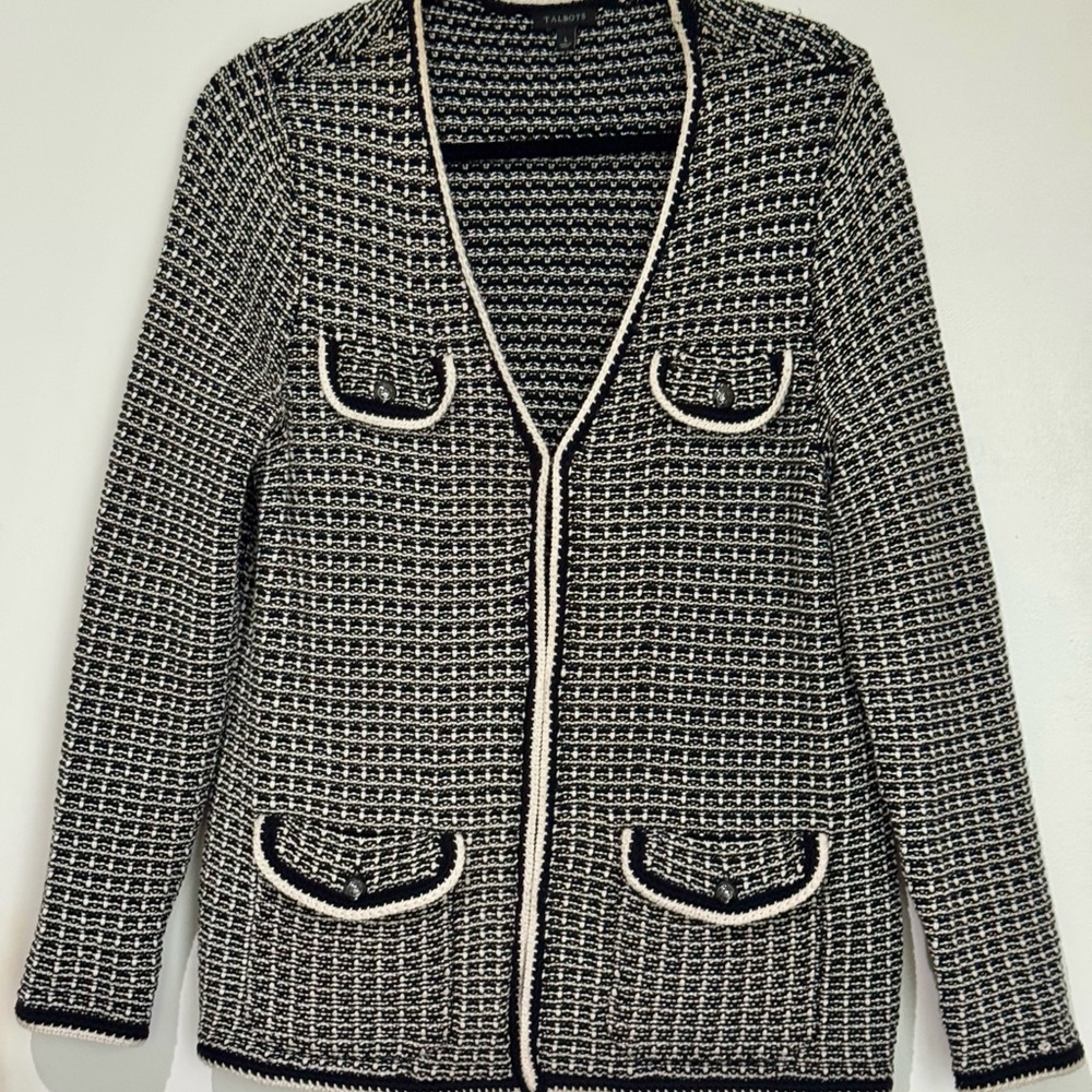 Talbots Women’s Cardigan Jacket – Black White Tweed Knit, Size L